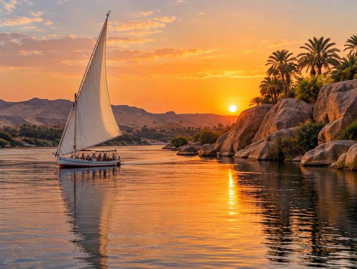 A felucca sailing on the Nile at sunset