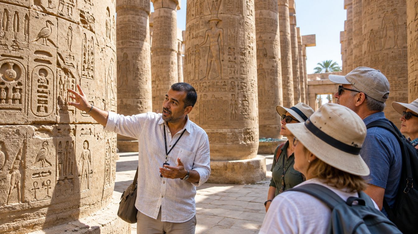 A guide explaining the reliefs to a small group among the columns of Karnak